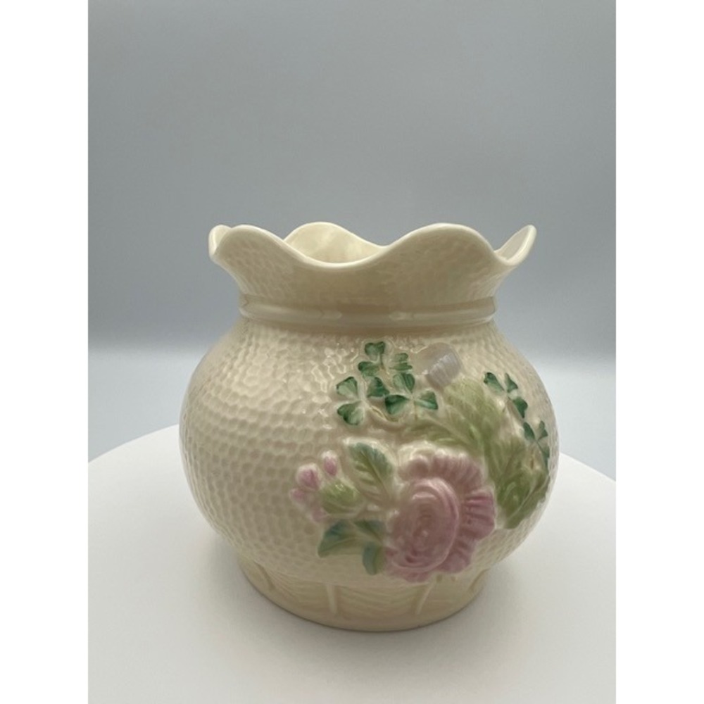Belleek Ireland Killarney Rose Vase Ivory Parian China Basketweave 4in